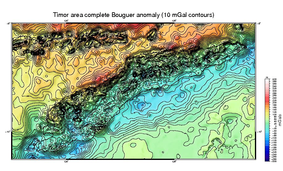 Timor Bouguer anomaly 10mGal contours