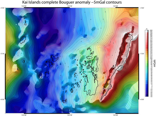 Kai Islands Bouguer anomaly 10mGal contours